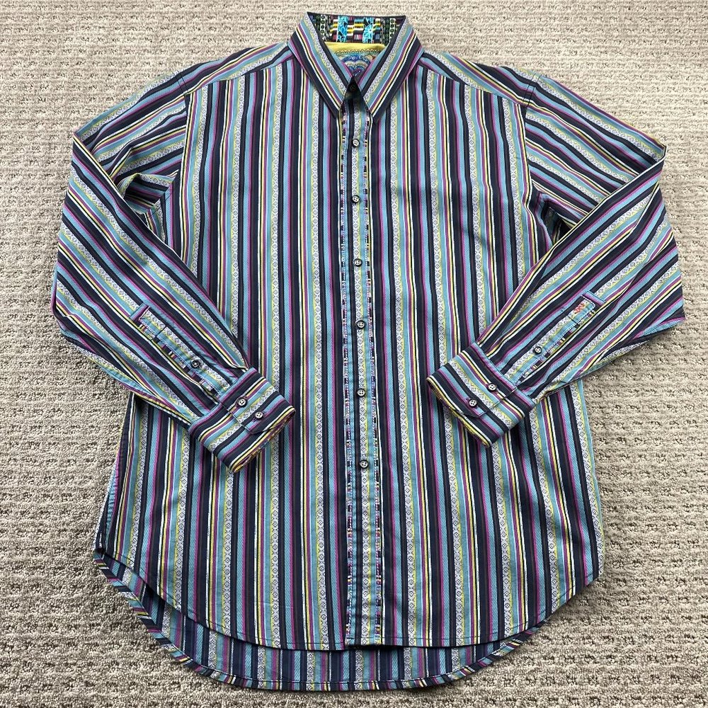 Robert Graham Shirt Men Medium M Multicolor Blue Pink Striped Button Up Formal